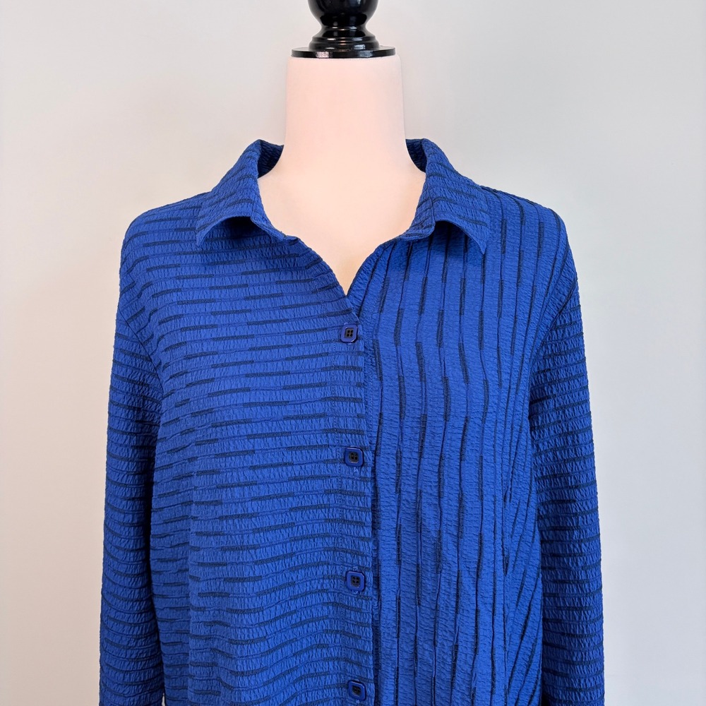 Habitat Tunic Blouse Front Button Lagenlook Artsy Flowy Stripes Blue Women's XL
